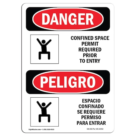 Signmission OSHA, Confined Space Permit Required Bilingual, 18in X 12in Rigid Plastic, 12" W, 18" H, Spanish OS-DS-P-1218-VS-1092